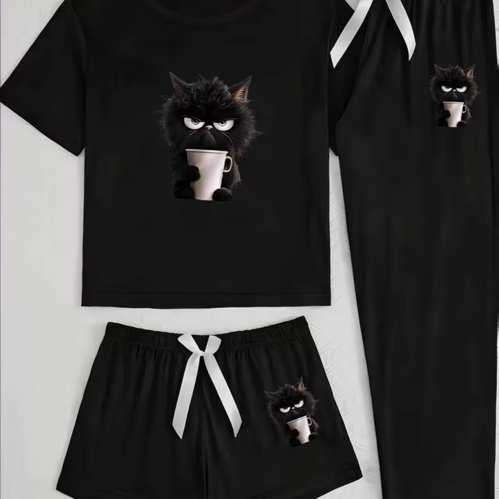 SHEIN Black Pajama Set with Cat Design